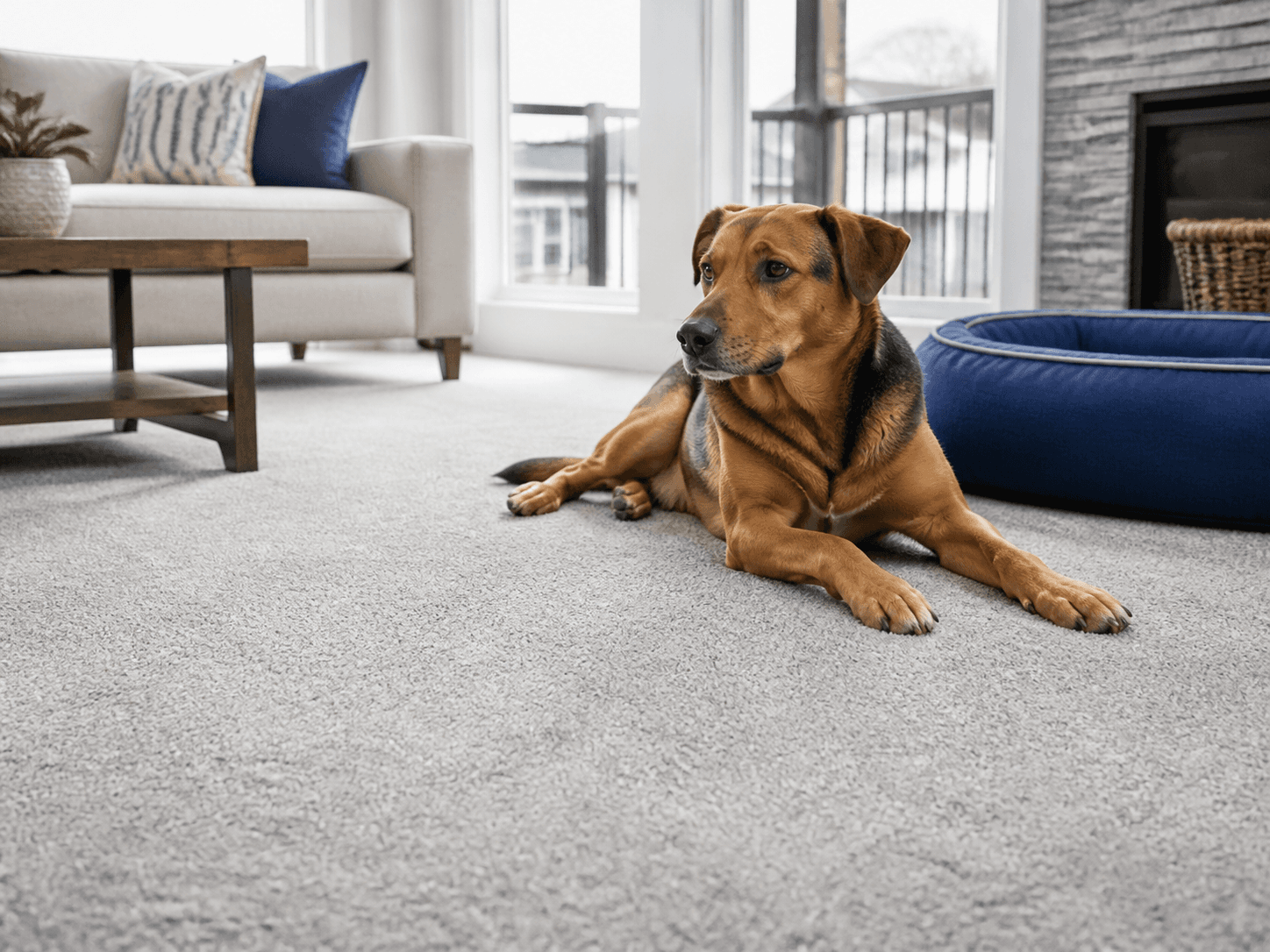 Dog resting on clean carpet beside a blue pet bed